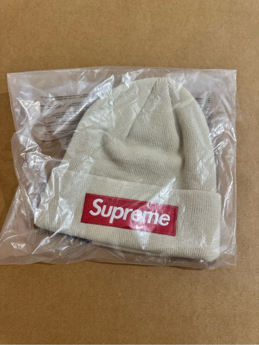Supreme Cream Beanie with Red Box Logo